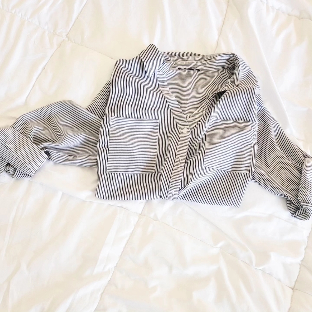 Pin-Stripped button up blouse, Business Casual, lightweight top